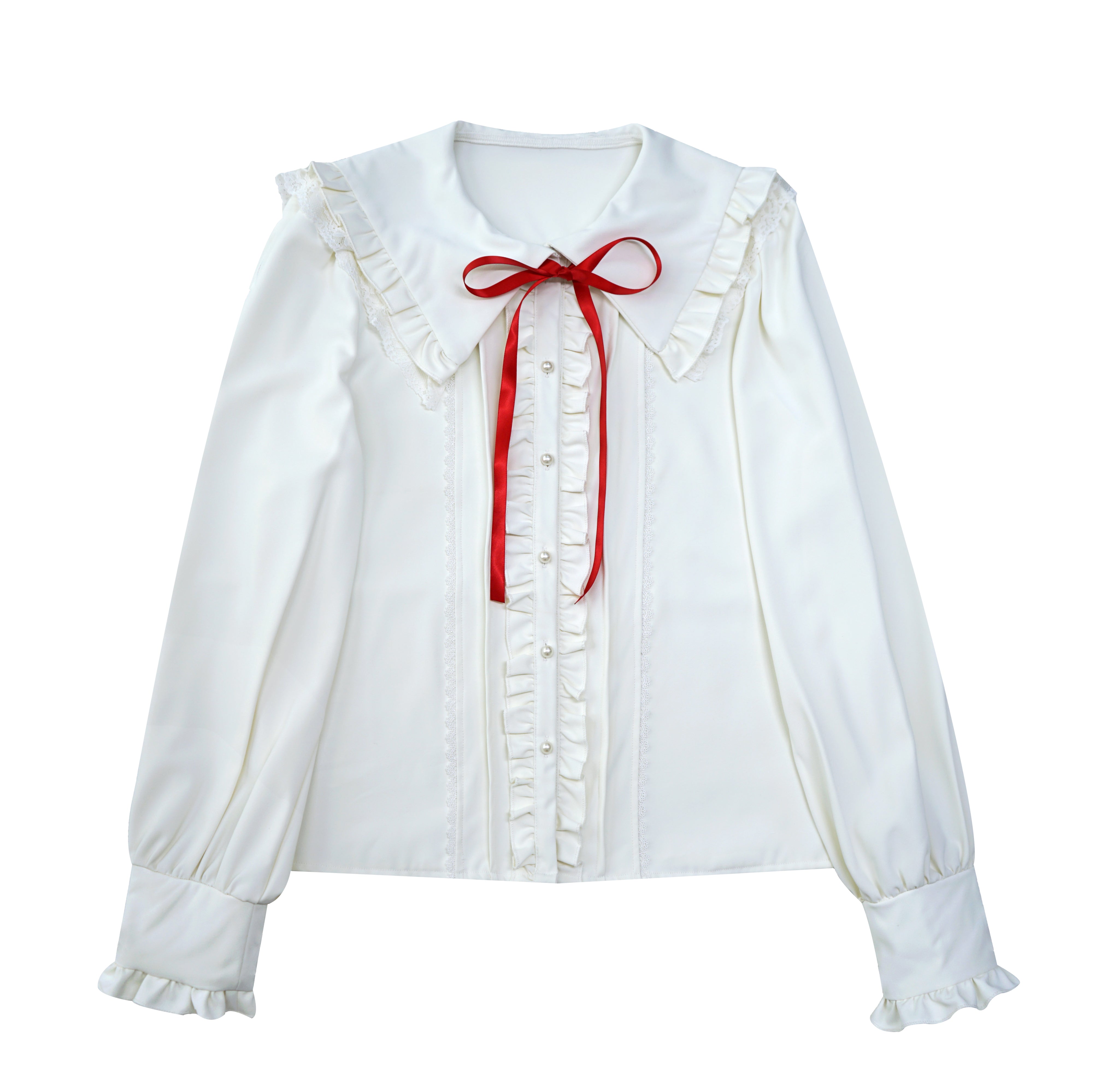 White kawaii cat ear blouse with lace and ruffle accents pastel lolita fashion anime cute blouse